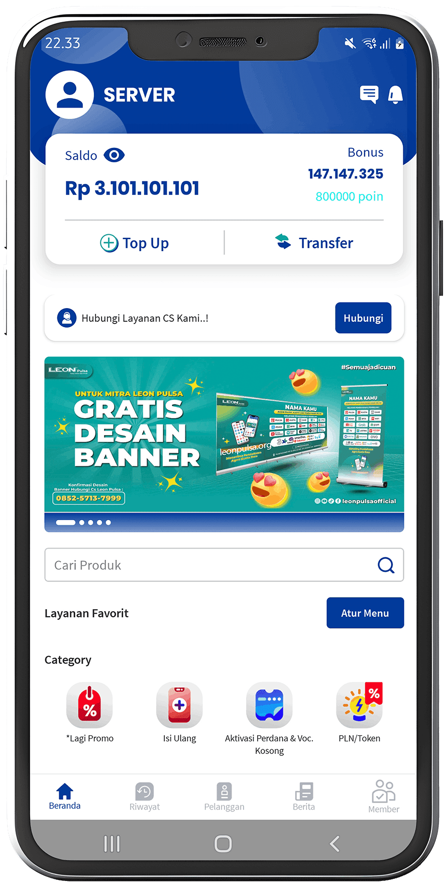 Leon Pulsa aplikasi distributor pulsa paket internet token listrik dan PPOB